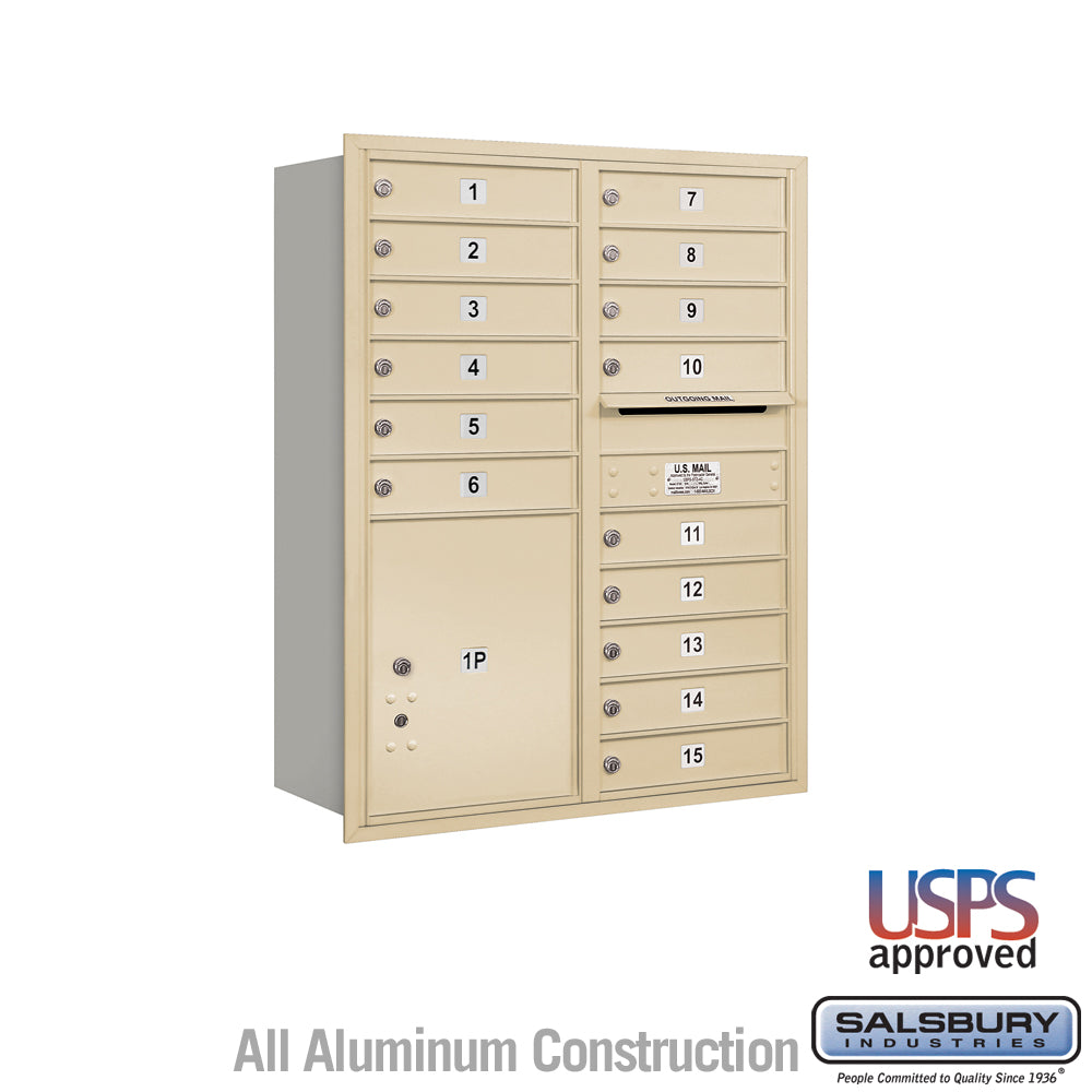 11 Door High Recessed Mounted 4C Horizontal Mailbox with 15 Doors and 1 Parcel Locker in Sandstone with USPS Access - Rear Loading