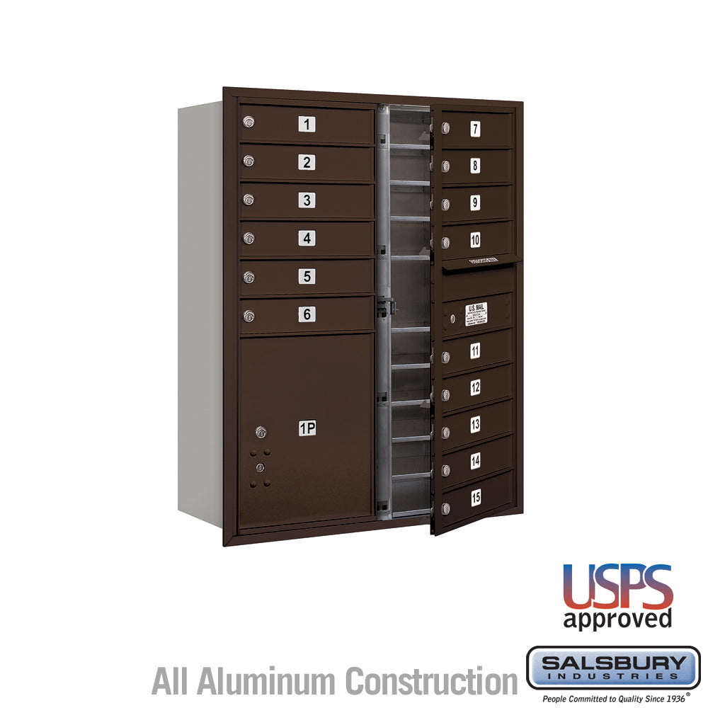 11 Door High Recessed Mounted 4C Horizontal Mailbox with 15 Doors and 1 Parcel Locker in Bronze with USPS Access - Front Loading