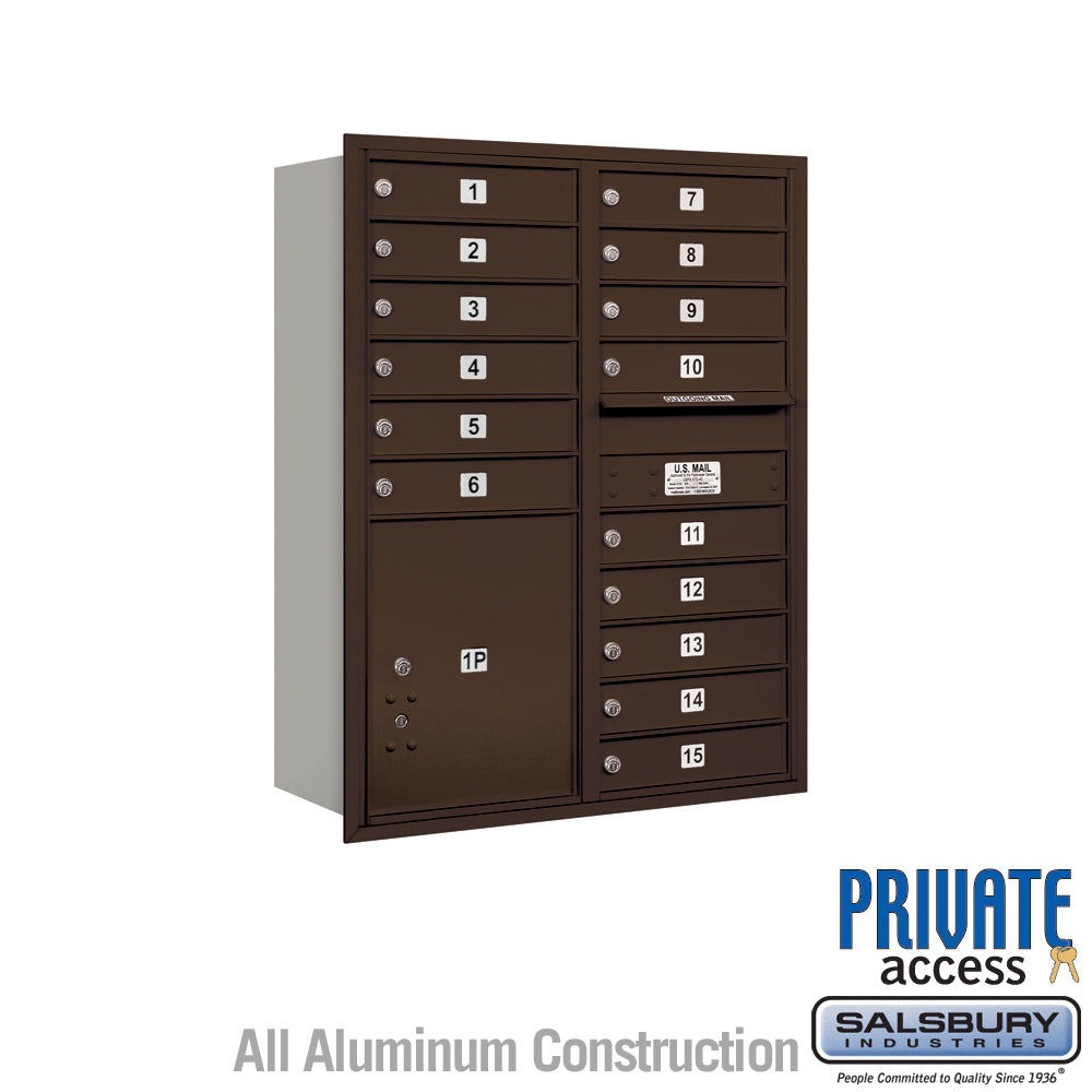 11 Door High Recessed Mounted 4C Horizontal Mailbox with 15 Doors and 1 Parcel Locker in Bronze with Private Access - Rear Loading