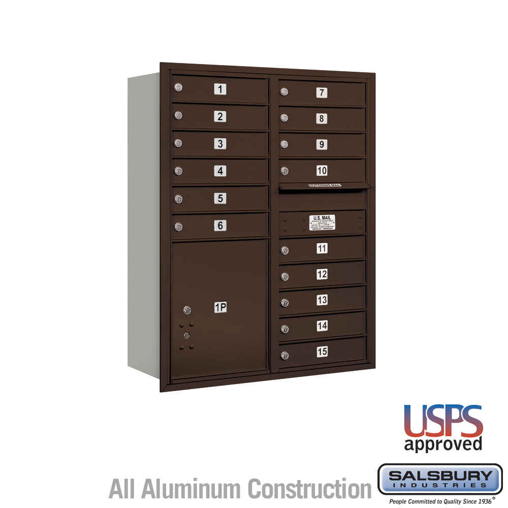 11 Door High Recessed Mounted 4C Horizontal Mailbox with 15 Doors and 1 Parcel Locker in Bronze with USPS Access - Rear Loading