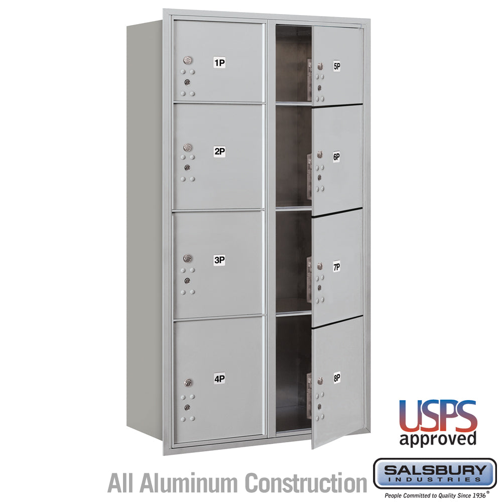 Maximum Height Recessed Mounted 4C Horizontal Parcel Locker with 8 Parcel Lockers in Aluminum with USPS Access - Front Loading