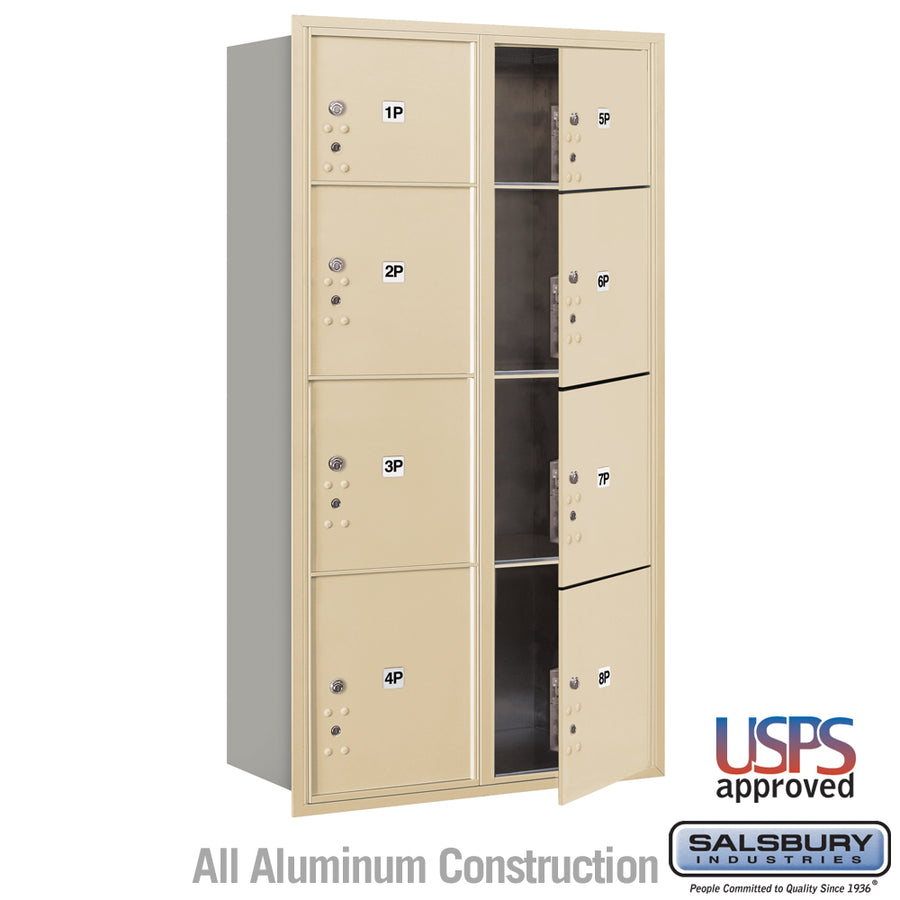 Maximum Height Recessed Mounted 4C Horizontal Parcel Locker with 8 Parcel Lockers in Sandstone with USPS Access - Front Loading