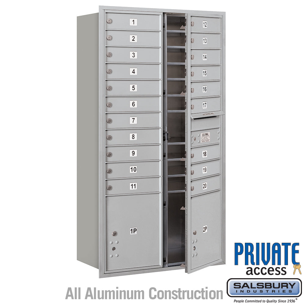 Maximum Height Recessed Mounted 4C Horizontal Mailbox with 20 Doors and 2 Parcel Lockers in Aluminum with Private Access - Front Loading