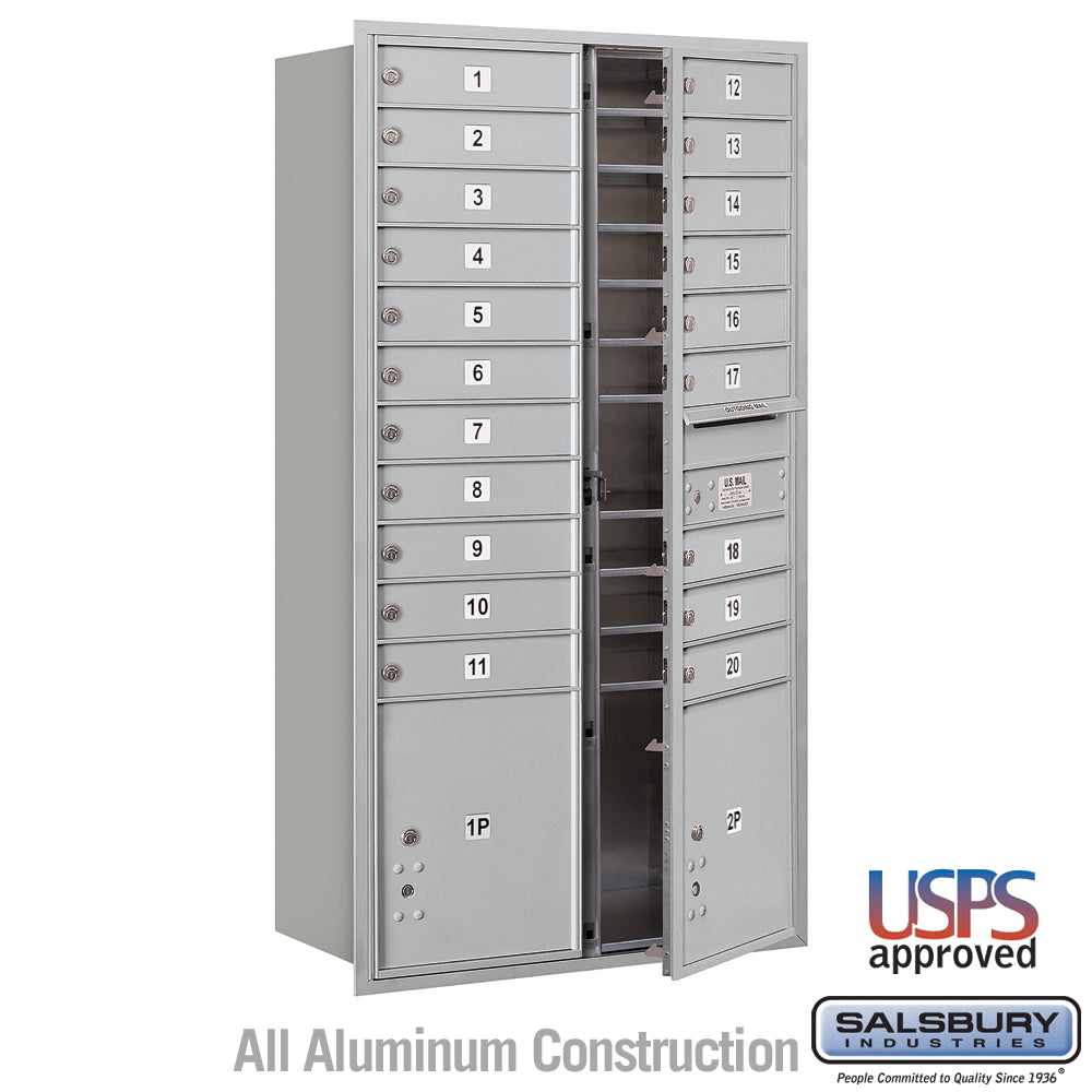 Maximum Height Recessed Mounted 4C Horizontal Mailbox with 20 Doors and 2 Parcel Lockers in Aluminum with USPS Access - Front Loading