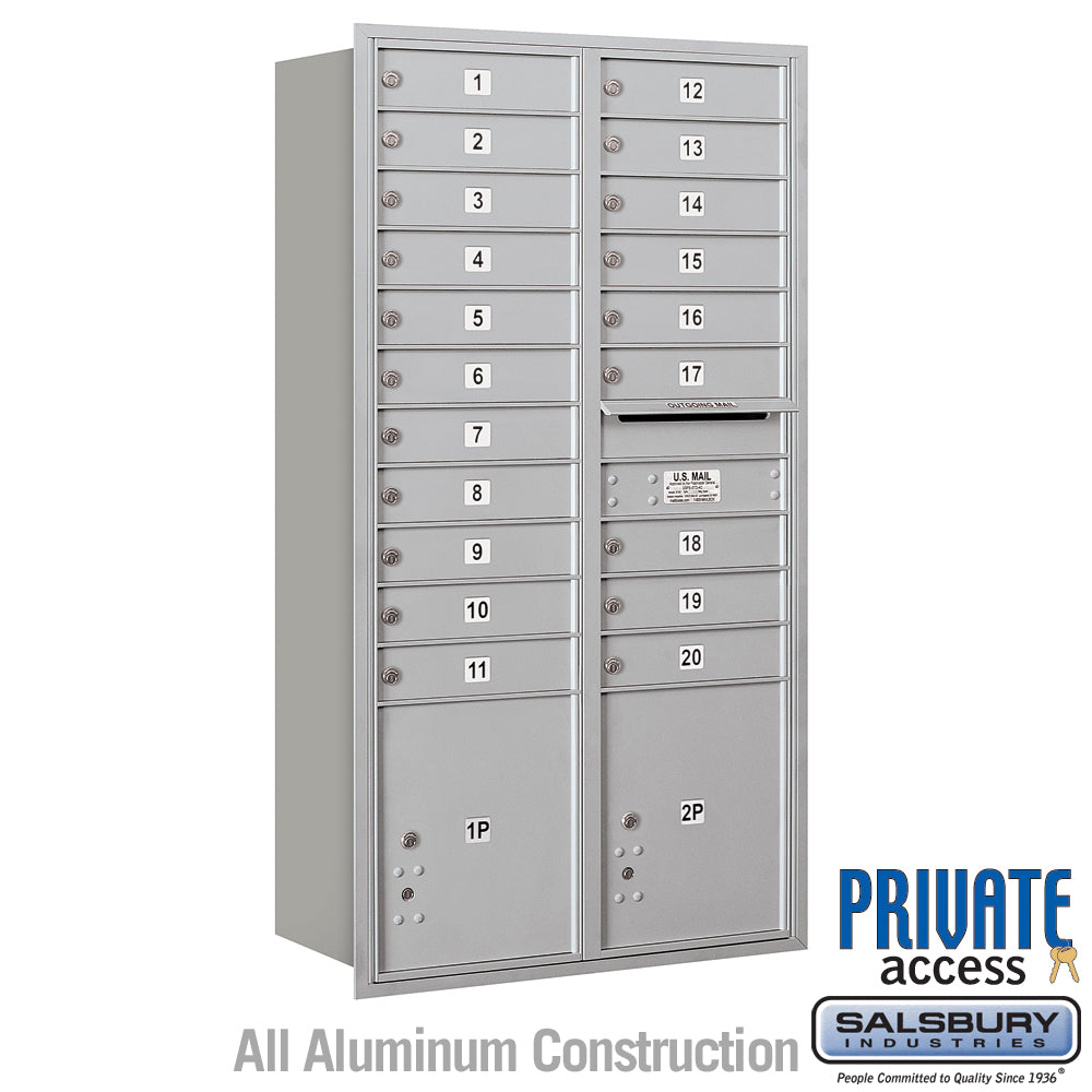 Maximum Height Recessed Mounted 4C Horizontal Mailbox with 20 Doors and 2 Parcel Lockers in Aluminum with Private Access - Rear Loading