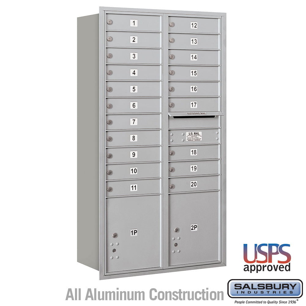 Maximum Height Recessed Mounted 4C Horizontal Mailbox with 20 Doors and 2 Parcel Lockers in Aluminum with USPS Access - Rear Loading