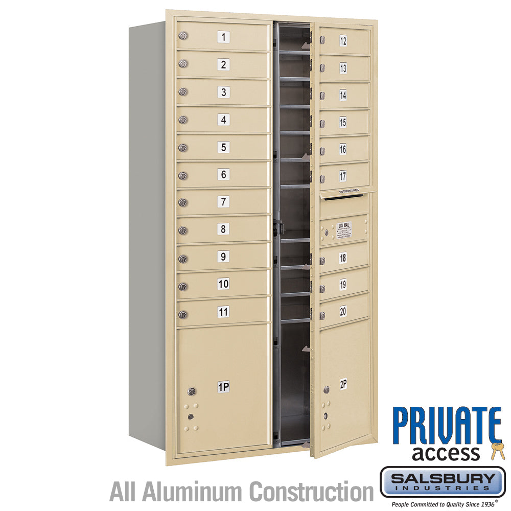 Maximum Height Recessed Mounted 4C Horizontal Mailbox with 20 Doors and 2 Parcel Lockers in Sandstone with Private Access - Front Loading