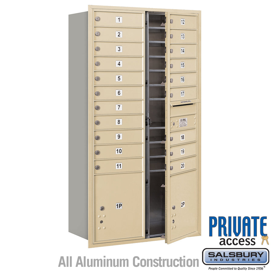 Maximum Height Recessed Mounted 4C Horizontal Mailbox with 20 Doors and 2 Parcel Lockers in Sandstone with Private Access - Front Loading