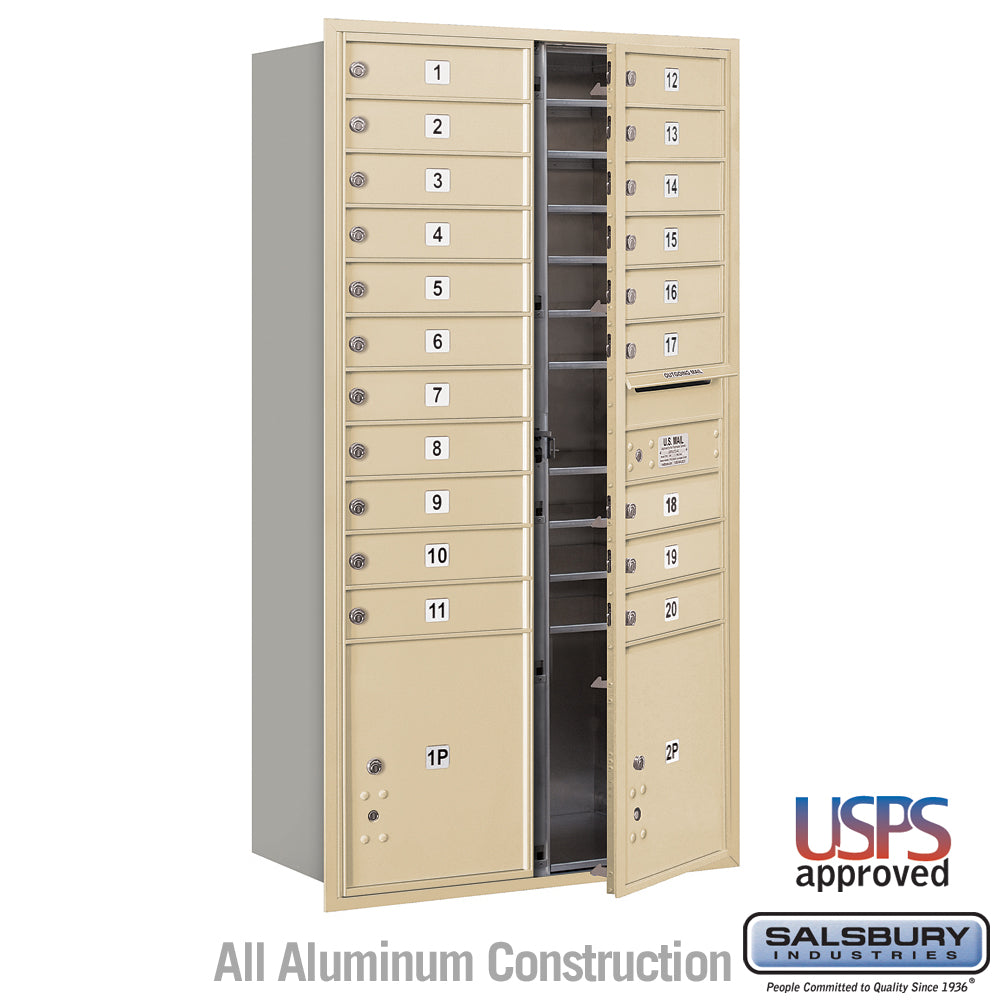 Maximum Height Recessed Mounted 4C Horizontal Mailbox with 20 Doors and 2 Parcel Lockers in Sandstone with USPS Access - Front Loading