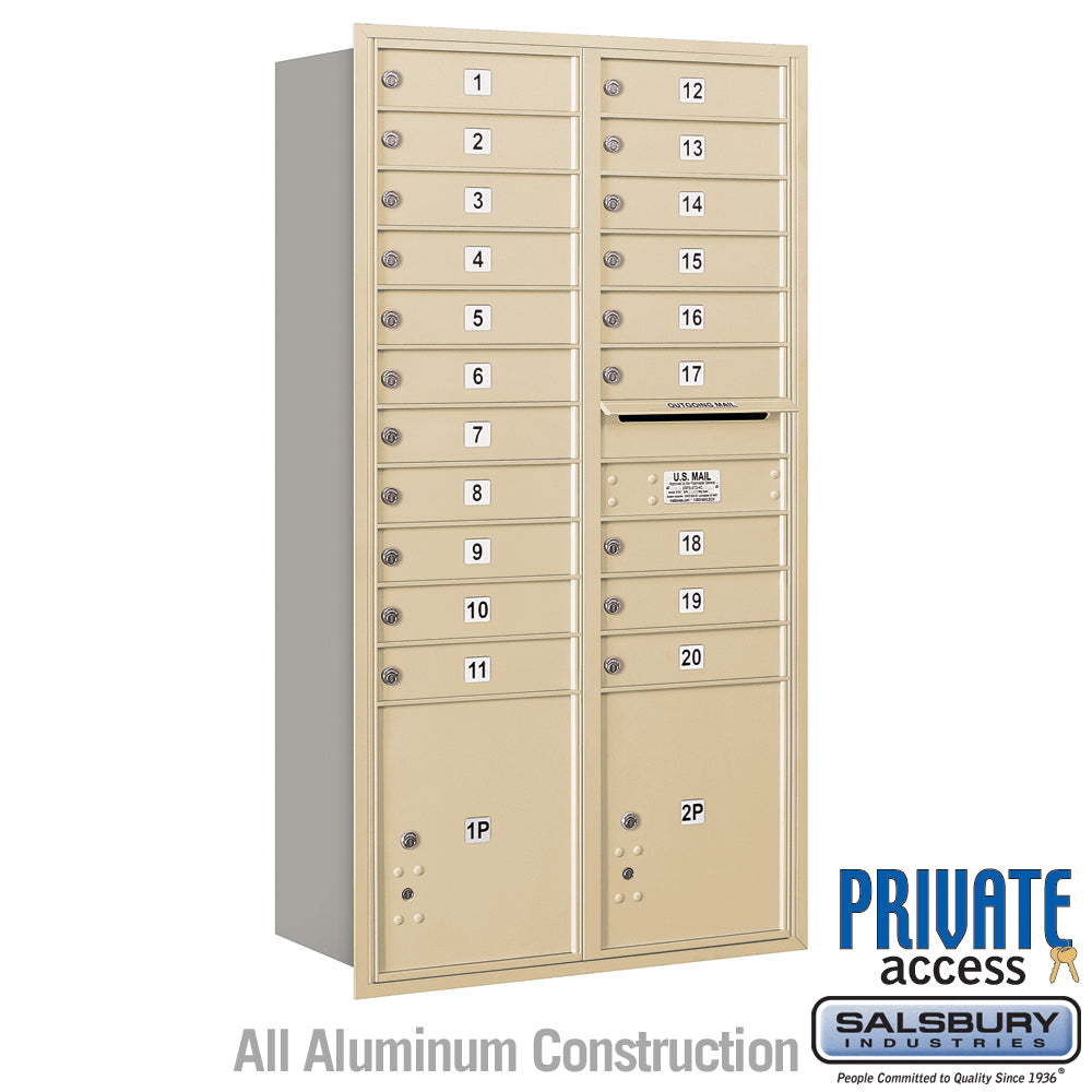 Maximum Height Recessed Mounted 4C Horizontal Mailbox with 20 Doors and 2 Parcel Lockers in Sandstone with Private Access - Rear Loading