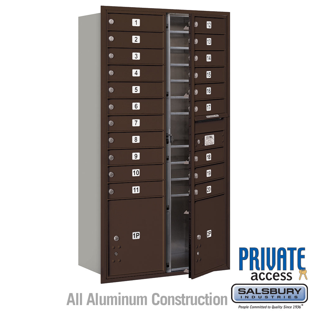 Maximum Height Recessed Mounted 4C Horizontal Mailbox with 20 Doors and 2 Parcel Lockers in Bronze with Private Access - Front Loading