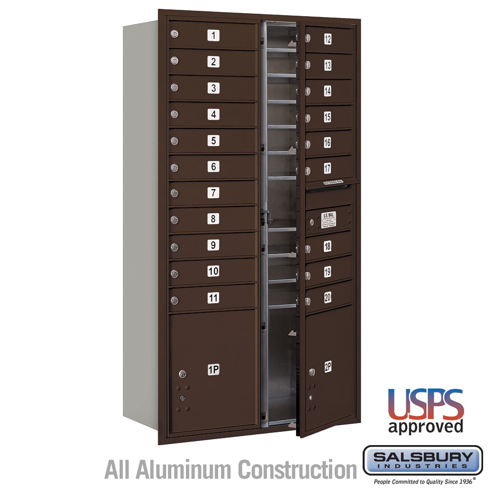 Maximum Height Recessed Mounted 4C Horizontal Mailbox with 20 Doors and 2 Parcel Lockers in Bronze with USPS Access - Front Loading