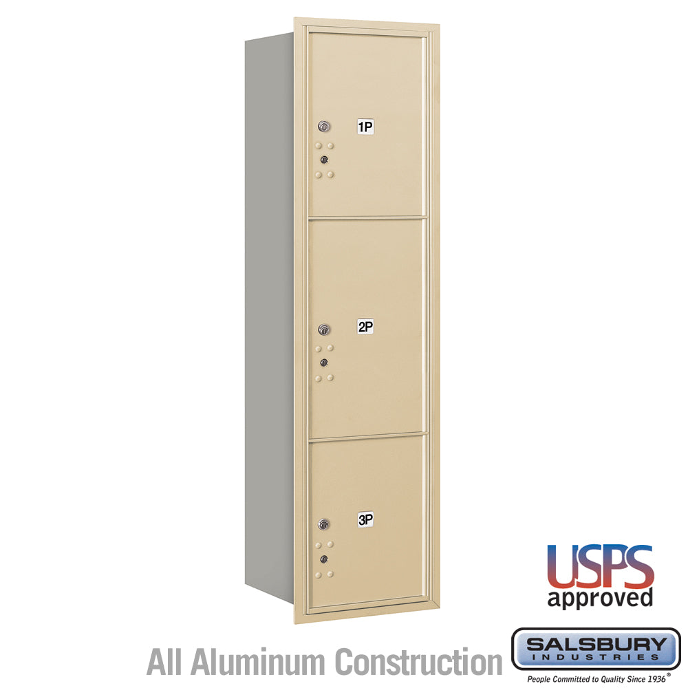 Maximum Height Recessed Mounted 4C Horizontal Parcel Locker with 3 Parcel Lockers in Sandstone with USPS Access - Rear Loading