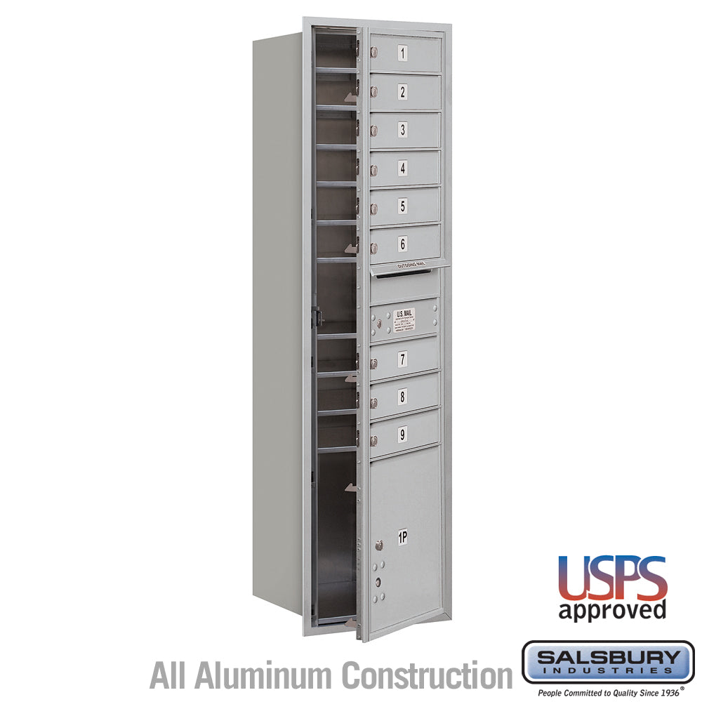 Maximum Height Recessed Mounted 4C Horizontal Mailbox with 9 Doors and 1 Parcel Locker in Aluminum with USPS Access - Front Loading