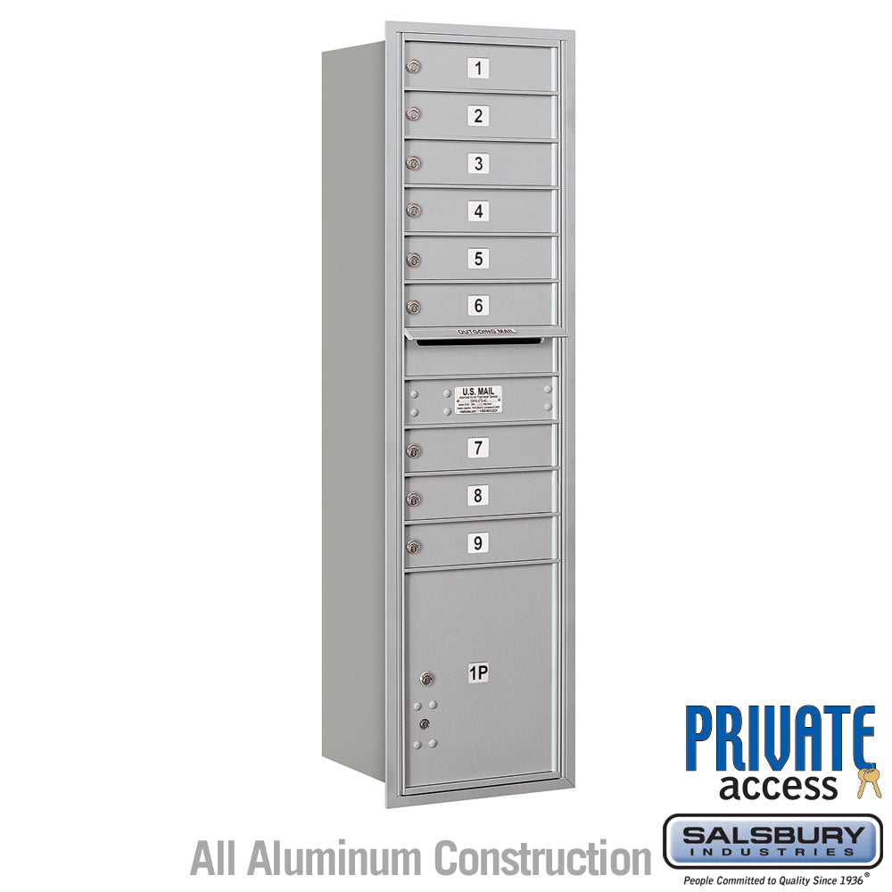 Maximum Height Recessed Mounted 4C Horizontal Mailbox with 9 Doors and 1 Parcel Locker in Aluminum with Private Access - Rear Loading