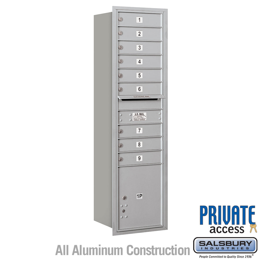 Maximum Height Recessed Mounted 4C Horizontal Mailbox with 9 Doors and 1 Parcel Locker in Aluminum with Private Access - Rear Loading