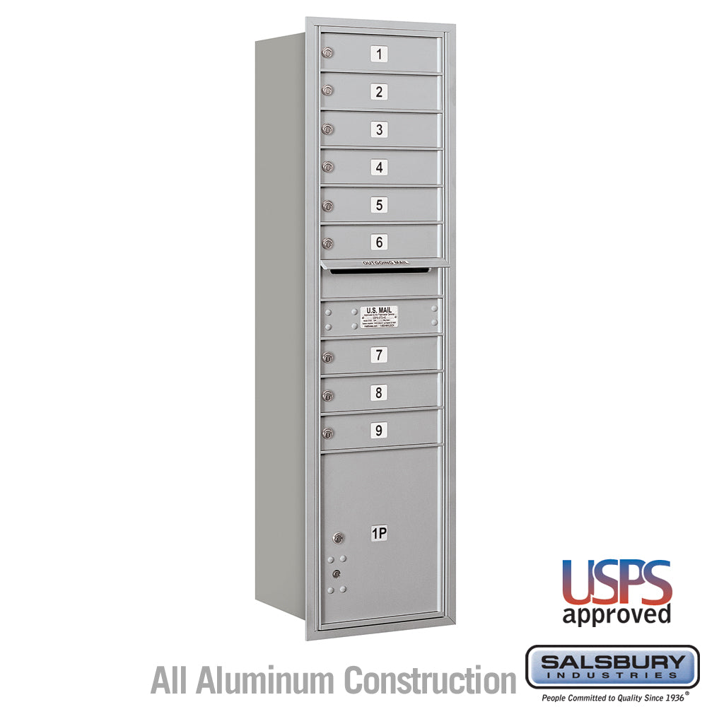 Maximum Height Recessed Mounted 4C Horizontal Mailbox with 9 Doors and 1 Parcel Locker in Aluminum with USPS Access - Rear Loading