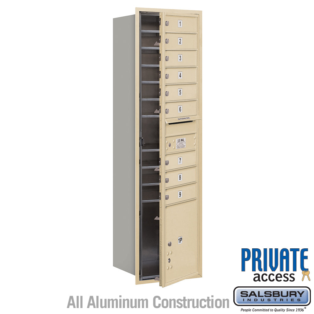 Maximum Height Recessed Mounted 4C Horizontal Mailbox with 9 Doors and 1 Parcel Locker in Sandstone with Private Access - Front Loading