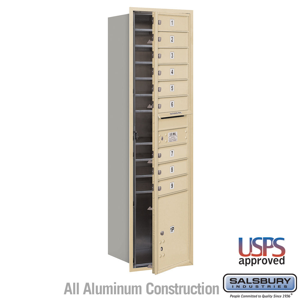 Maximum Height Recessed Mounted 4C Horizontal Mailbox with 9 Doors and 1 Parcel Locker in Sandstone with USPS Access - Front Loading