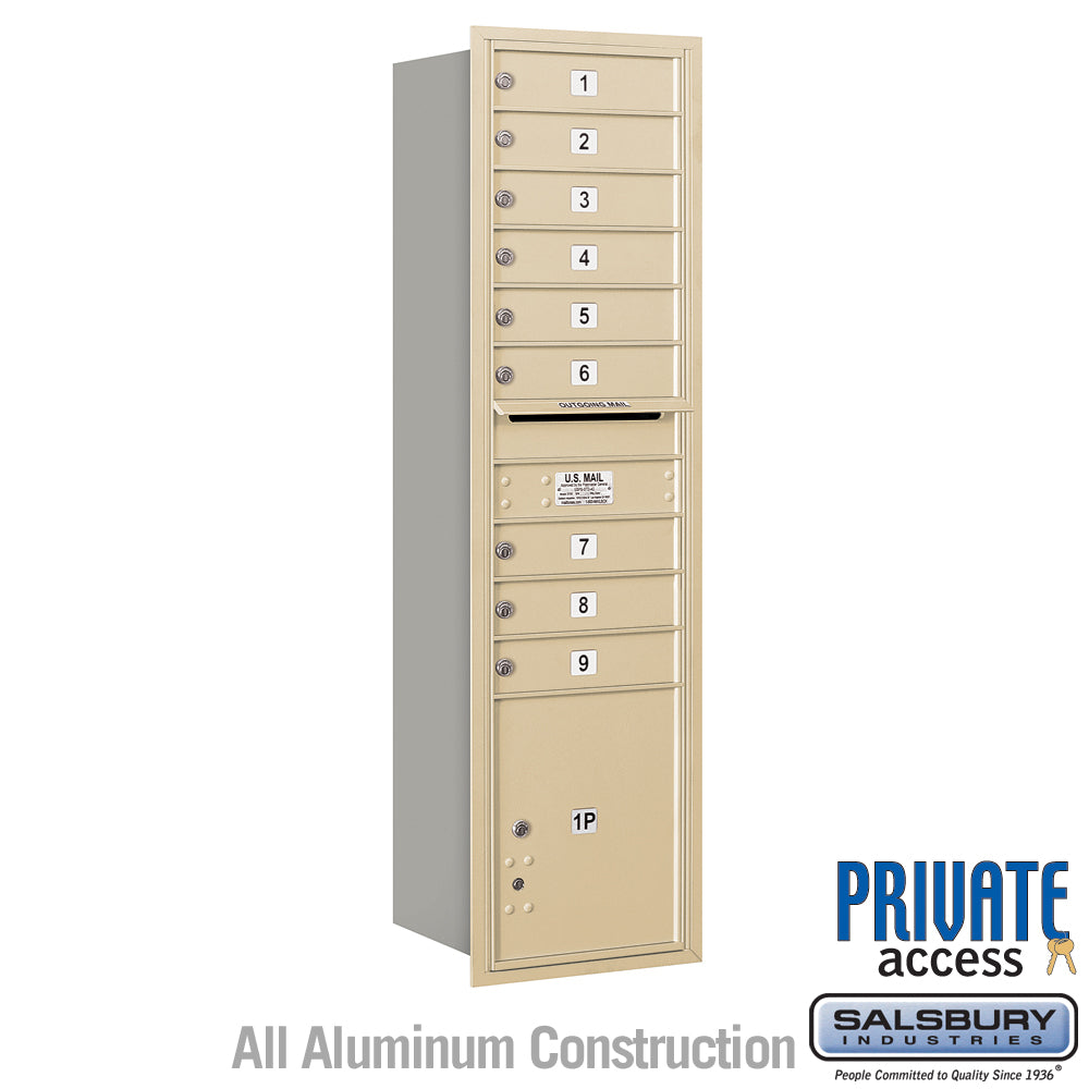 Maximum Height Recessed Mounted 4C Horizontal Mailbox with 9 Doors and 1 Parcel Locker in Sandstone with Private Access - Rear Loading