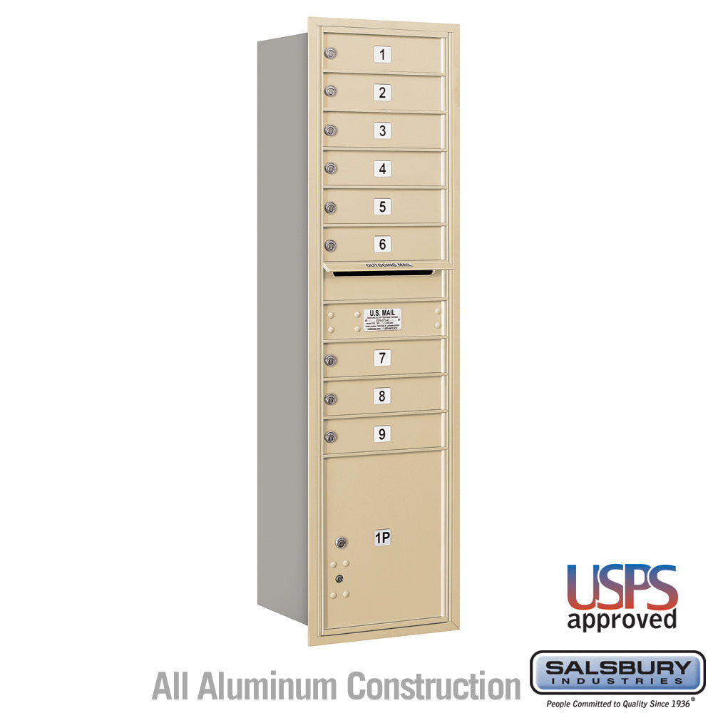 Maximum Height Recessed Mounted 4C Horizontal Mailbox with 9 Doors and 1 Parcel Locker in Sandstone with USPS Access - Rear Loading