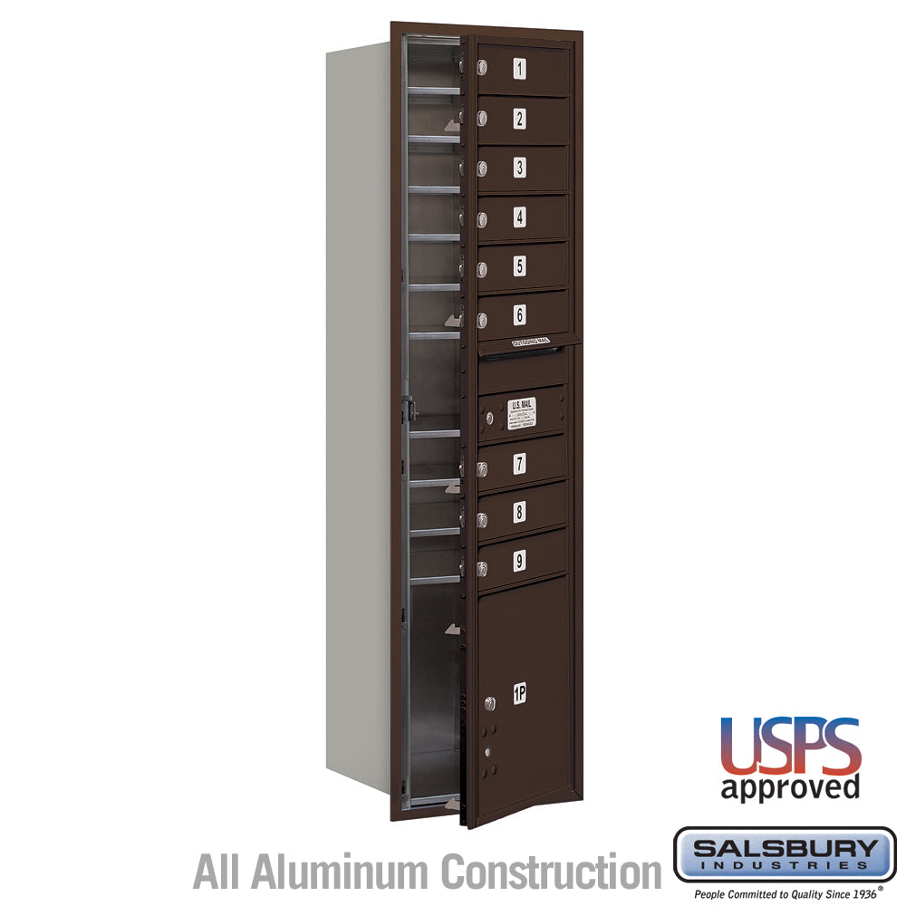 Maximum Height Recessed Mounted 4C Horizontal Mailbox with 9 Doors and 1 Parcel Locker in Bronze with USPS Access - Front Loading