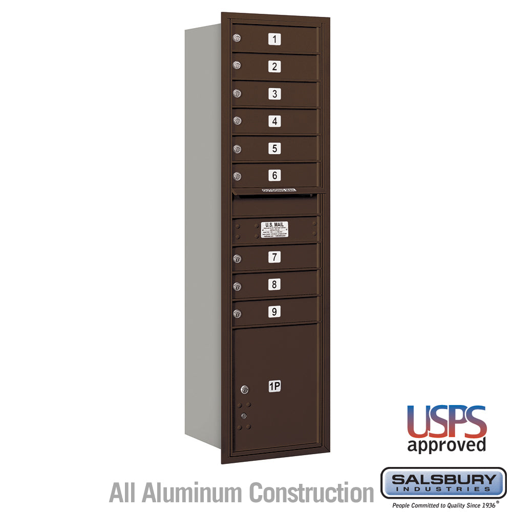 Maximum Height Recessed Mounted 4C Horizontal Mailbox with 9 Doors and 1 Parcel Locker in Bronze with USPS Access - Rear Loading