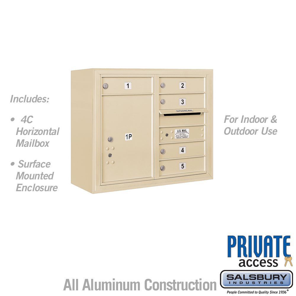 6 Door High Surface Mounted 4C Horizontal Mailbox with 5 Doors and 1 Parcel Locker in Sandstone with Private Access