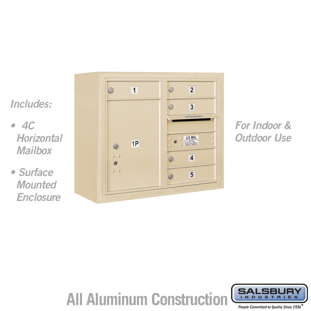 6 Door High Surface Mounted 4C Horizontal Mailbox with 5 Doors and 1 Parcel Locker in Sandstone with USPS Access