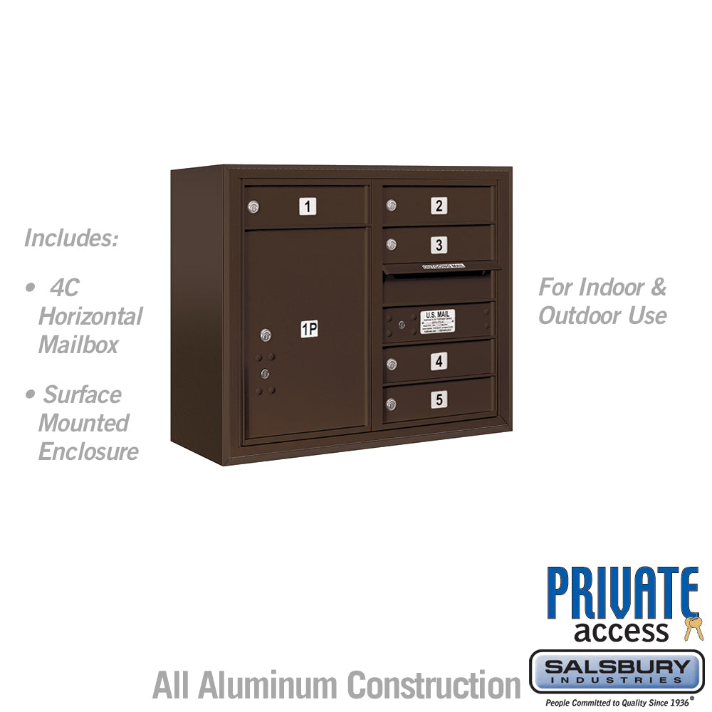 6 Door High Surface Mounted 4C Horizontal Mailbox with 5 Doors and 1 Parcel Locker in Bronze with Private Access