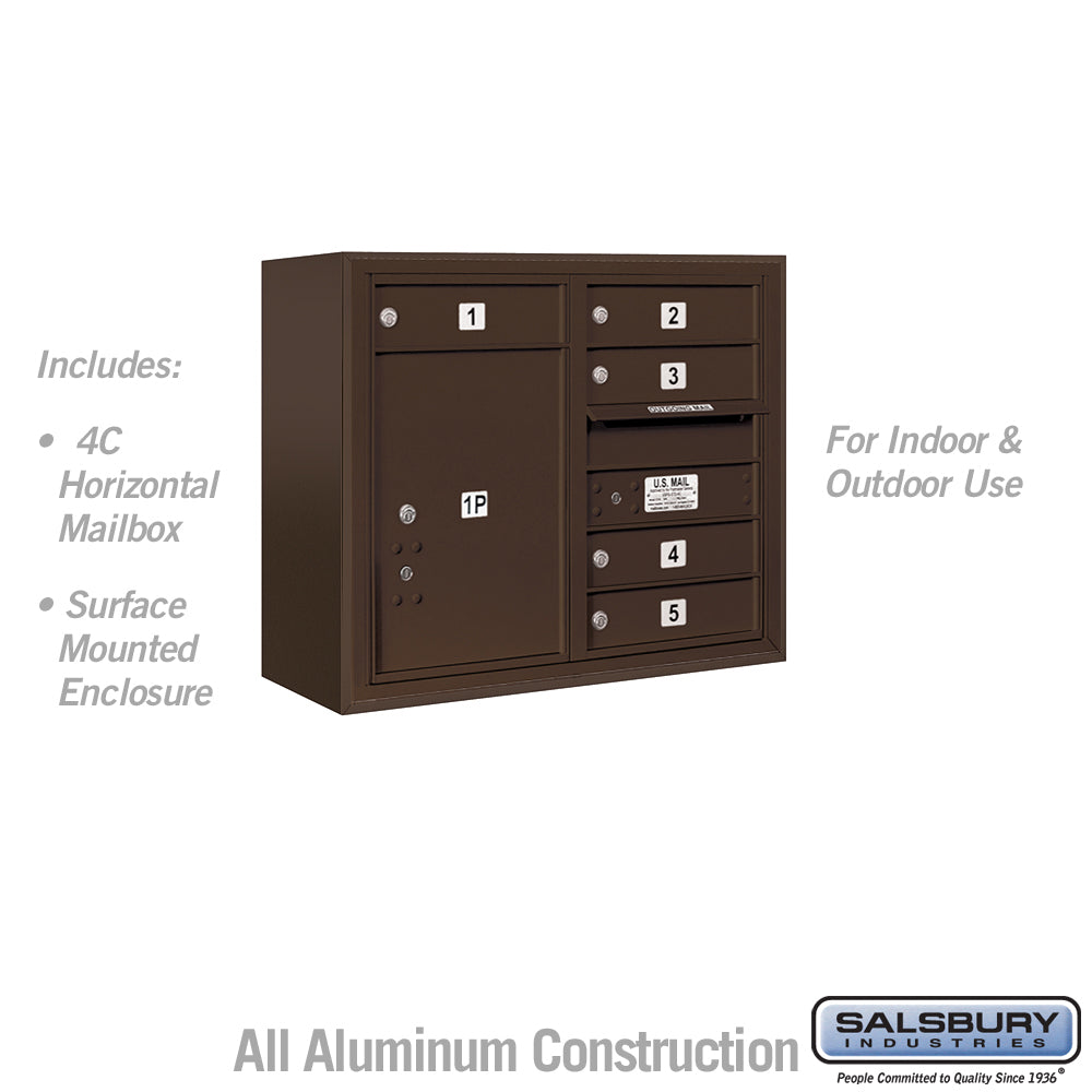 6 Door High Surface Mounted 4C Horizontal Mailbox with 5 Doors and 1 Parcel Locker in Bronze with USPS Access