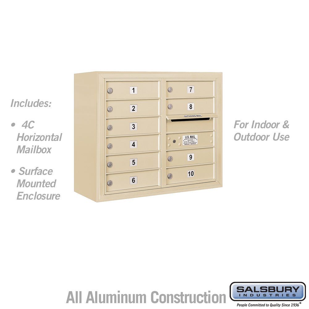 6 Door High Surface Mounted 4C Horizontal Mailbox with 10 Doors in Sandstone with USPS Access