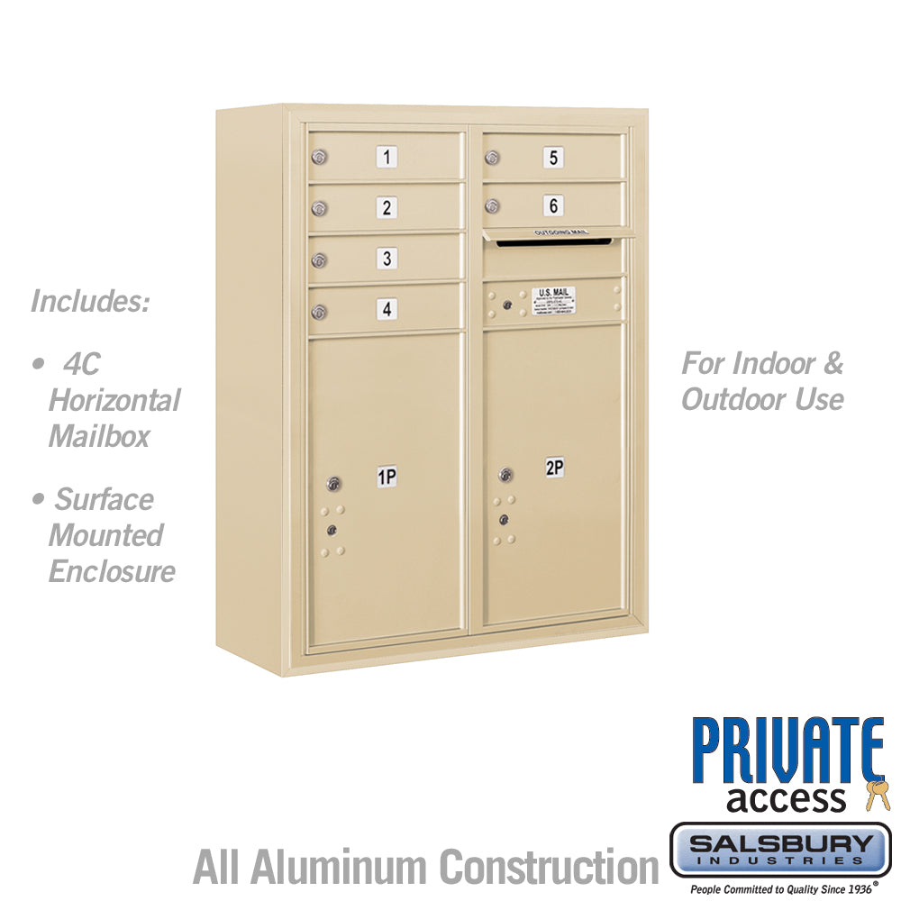 10 Door High Surface Mounted 4C Horizontal Mailbox with 6 Doors and 2 Parcel Lockers in Sandstone with Private Access