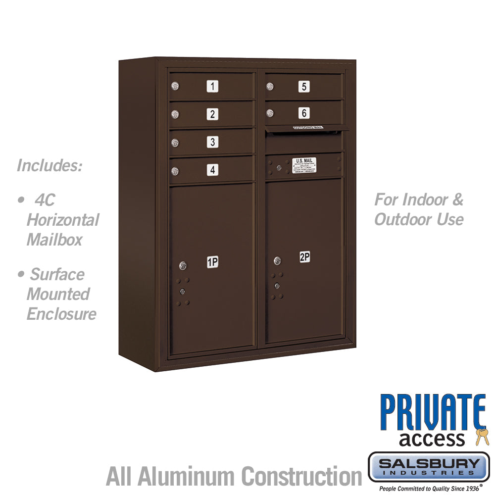 10 Door High Surface Mounted 4C Horizontal Mailbox with 6 Doors and 2 Parcel Lockers in Bronze with Private Access