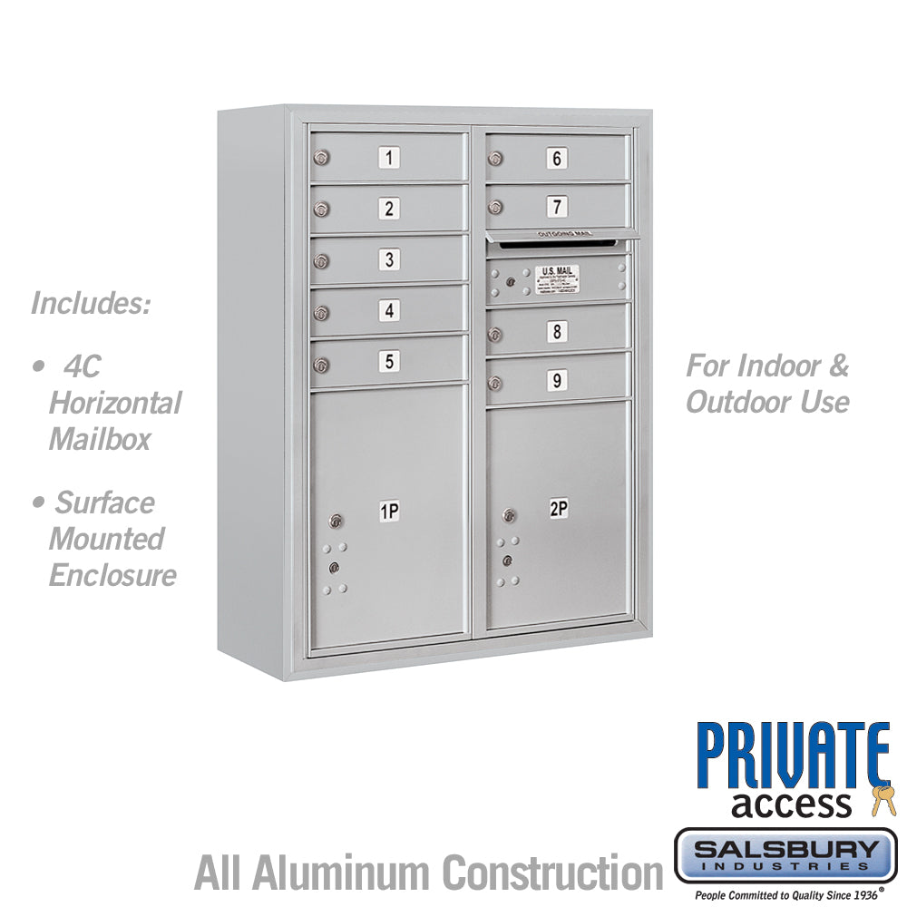 10 Door High Surface Mounted 4C Horizontal Mailbox with 9 Doors and 2 Parcel Lockers in Aluminum with Private Access