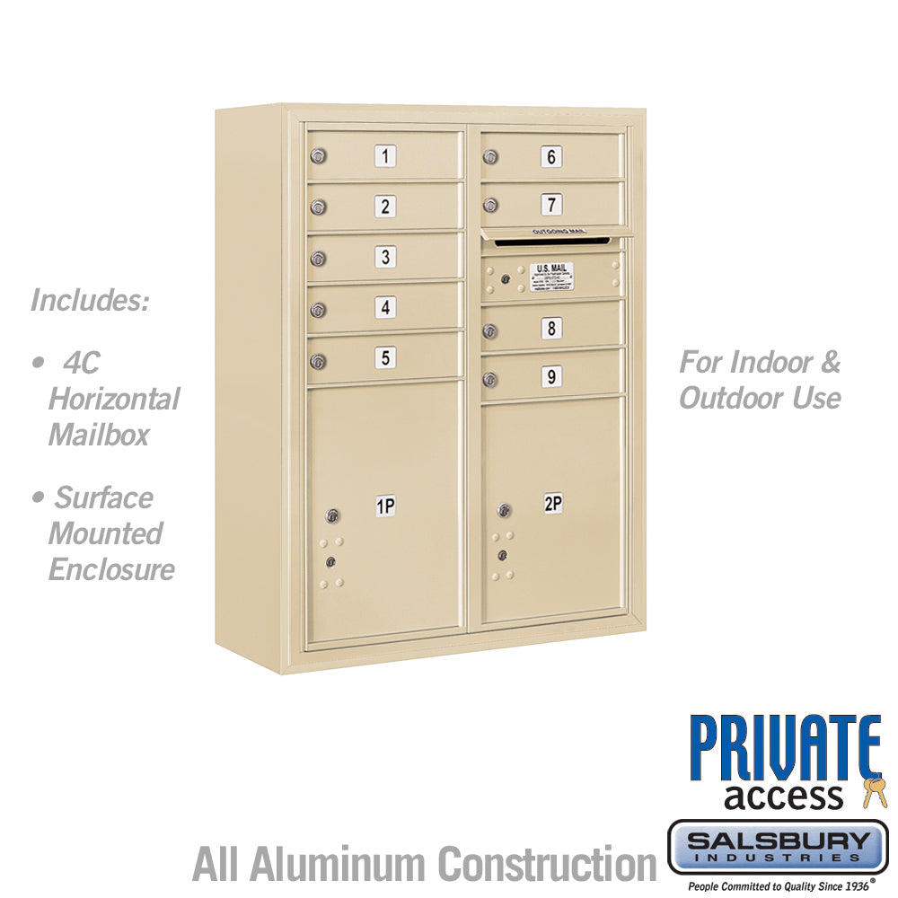 10 Door High Surface Mounted 4C Horizontal Mailbox with 9 Doors and 2 Parcel Lockers in Sandstone with Private Access