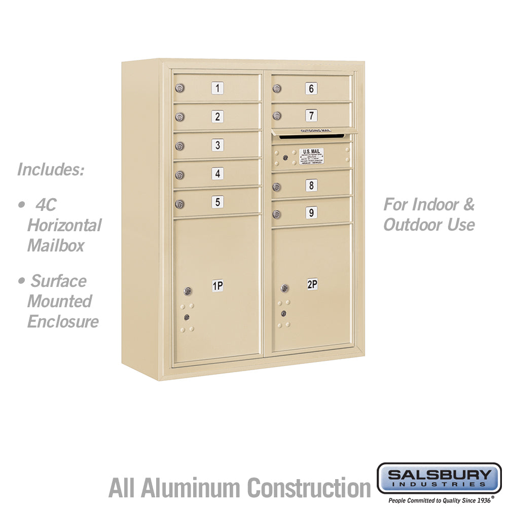 10 Door High Surface Mounted 4C Horizontal Mailbox with 9 Doors and 2 Parcel Lockers in Sandstone with USPS Access