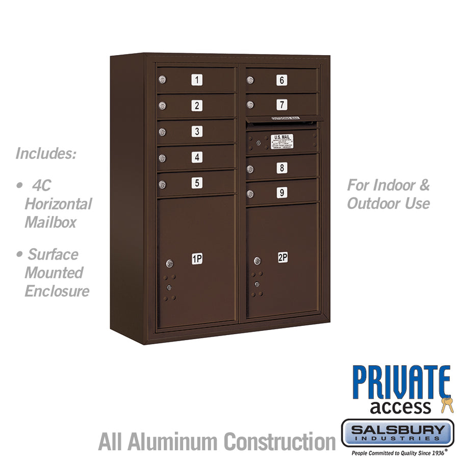 10 Door High Surface Mounted 4C Horizontal Mailbox with 9 Doors and 2 Parcel Lockers in Bronze with Private Access