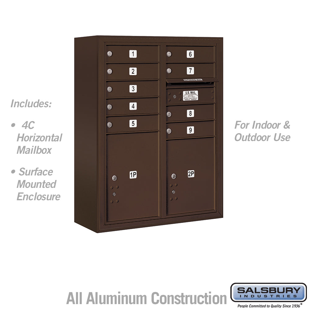 10 Door High Surface Mounted 4C Horizontal Mailbox with 9 Doors and 2 Parcel Lockers in Bronze with USPS Access