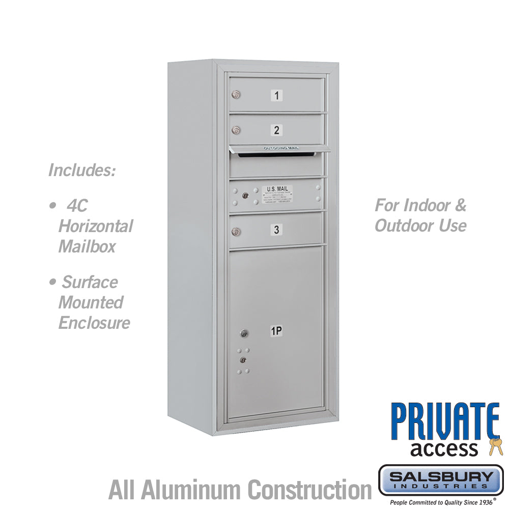 10 Door High Surface Mounted 4C Horizontal Mailbox with 3 Doors and 1 Parcel Locker in Aluminum with Private Access