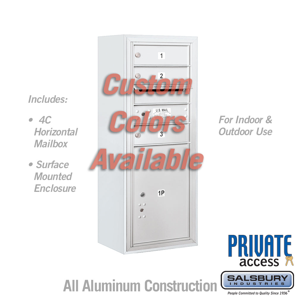 Surface Mounted 4C Horizontal Mailbox Unit (Includes 3710S-03CFP Mailbox, 3810S-CST Enclosure and Master Commercial Locks) - 10 Door High Unit (38 1/2 Inches) - Single Column - 3 MB1 Doors / 1 PL5 - Custom Color - Front Loading - Private Access