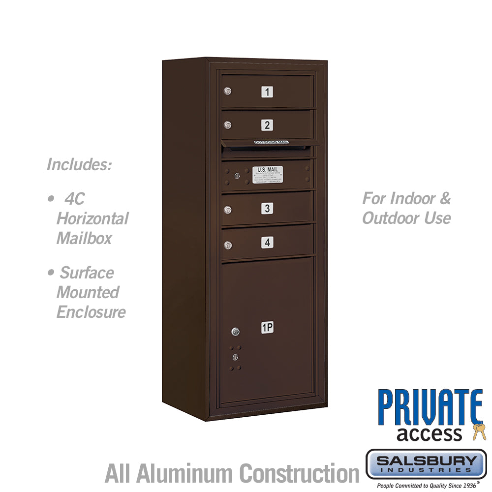 10 Door High Surface Mounted 4C Horizontal Mailbox with 4 Doors and 1 Parcel Locker in Bronze with Private Access