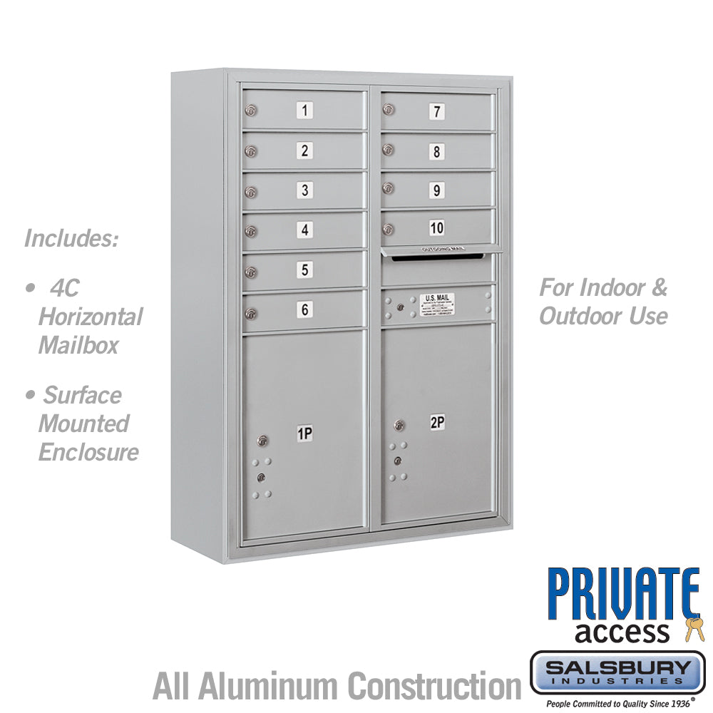 11 Door High Surface Mounted 4C Horizontal Mailbox with 10 Doors and 2 Parcel Lockers in Aluminum with Private Access