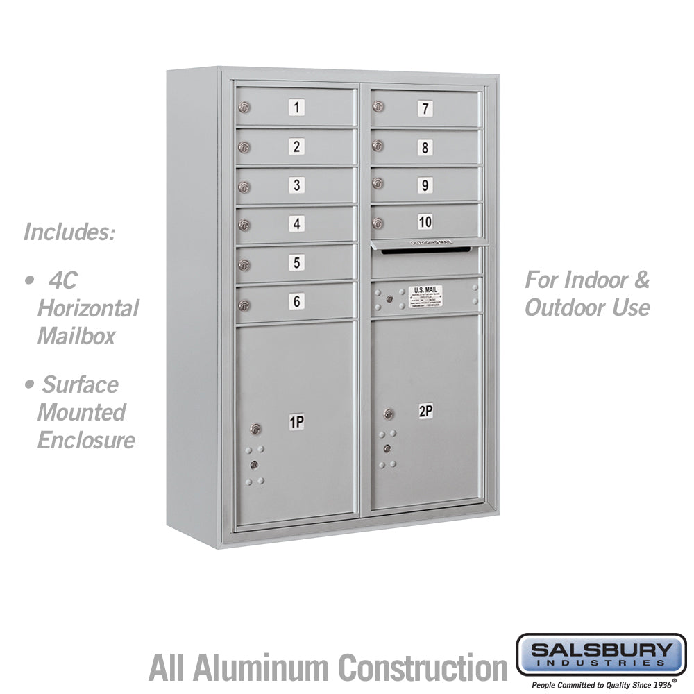 11 Door High Surface Mounted 4C Horizontal Mailbox with 10 Doors and 2 Parcel Lockers in Aluminum with USPS Access