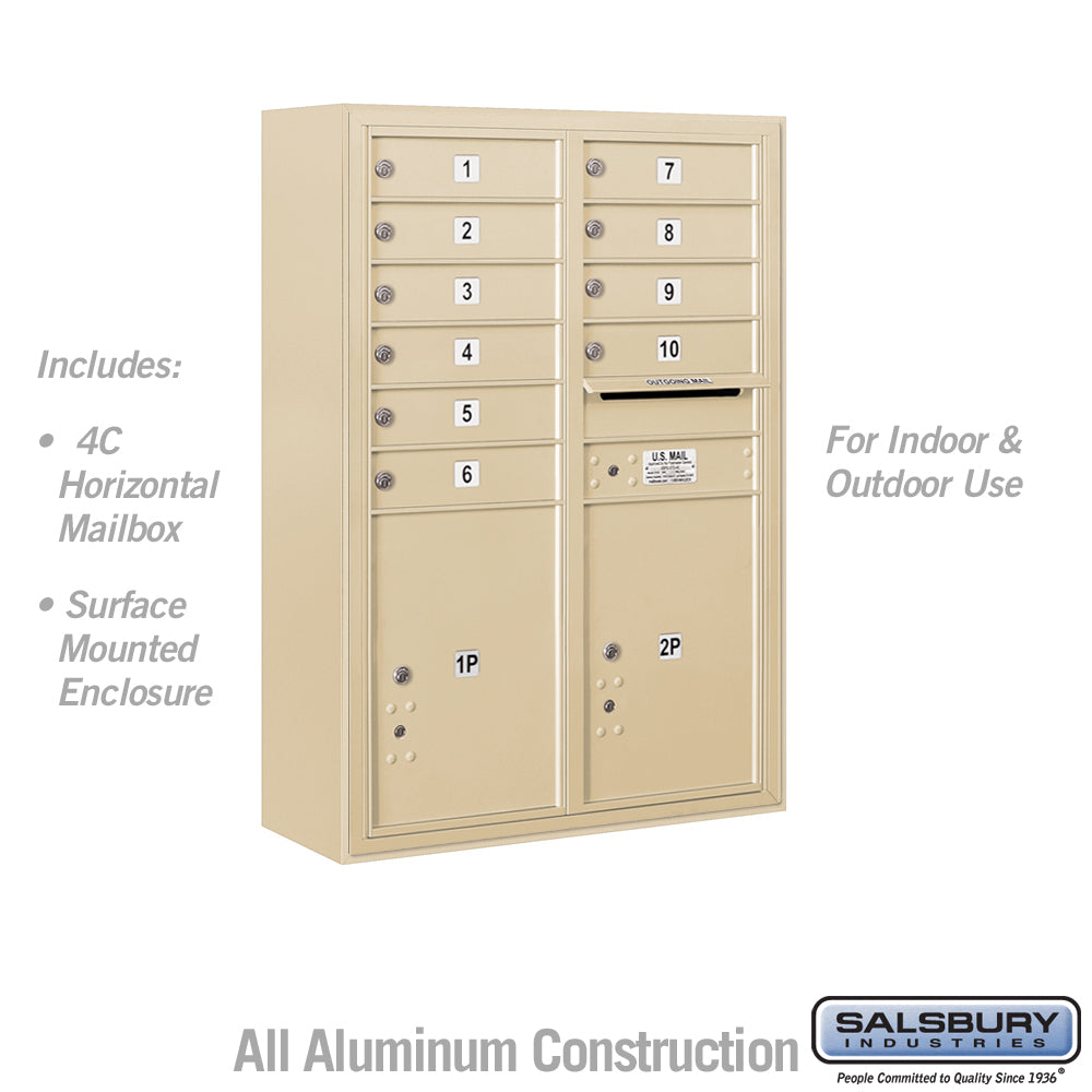 11 Door High Surface Mounted 4C Horizontal Mailbox with 10 Doors and 2 Parcel Lockers in Sandstone with USPS Access