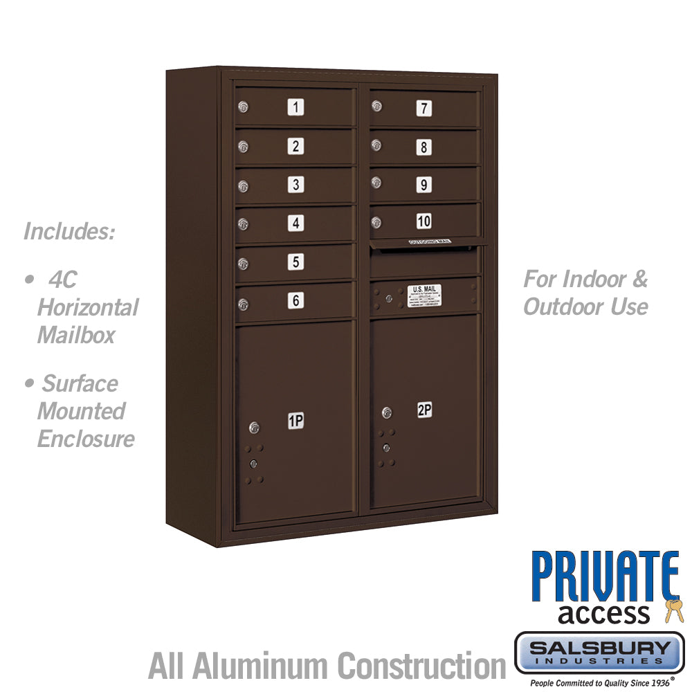 11 Door High Surface Mounted 4C Horizontal Mailbox with 10 Doors and 2 Parcel Lockers in Bronze with Private Access