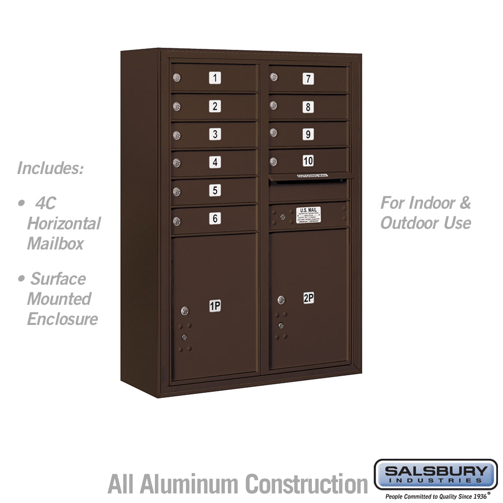 11 Door High Surface Mounted 4C Horizontal Mailbox with 10 Doors and 2 Parcel Lockers in Bronze with USPS Access