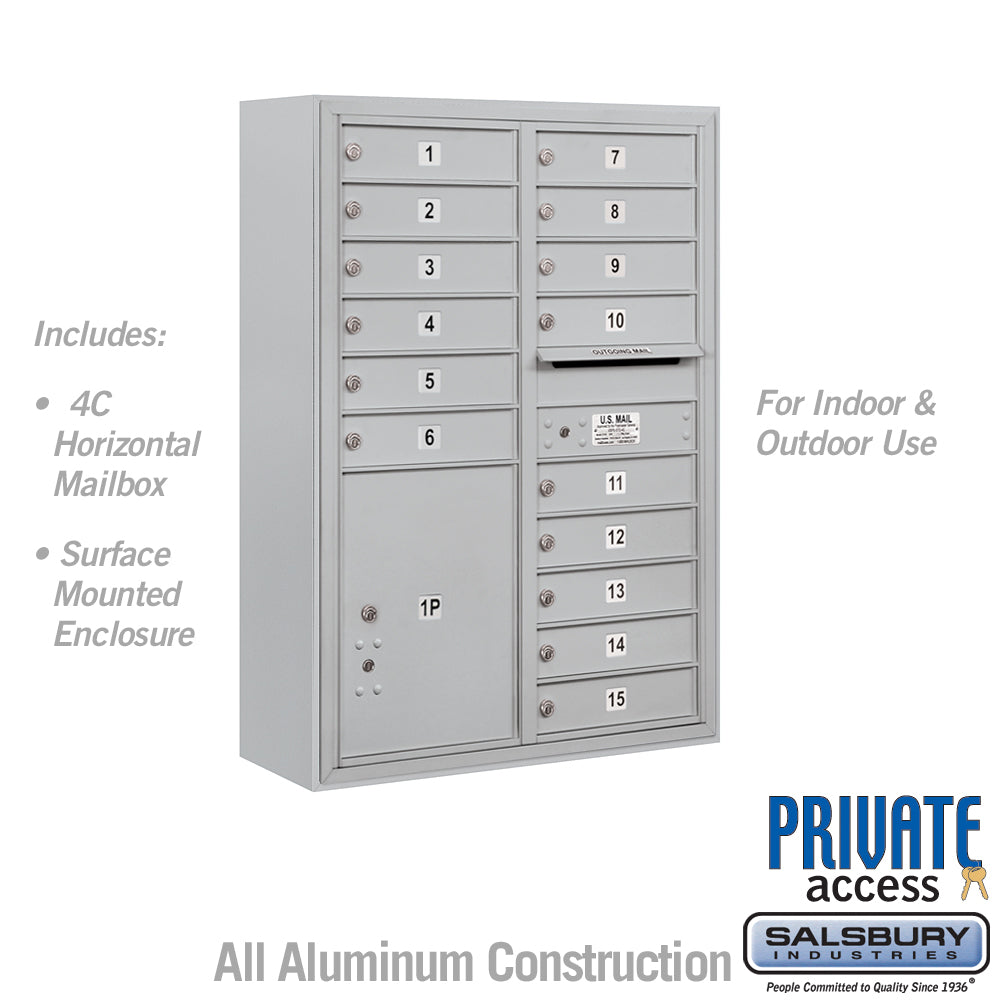 11 Door High Surface Mounted 4C Horizontal Mailbox with 15 Doors and 1 Parcel Locker in Aluminum with Private Access