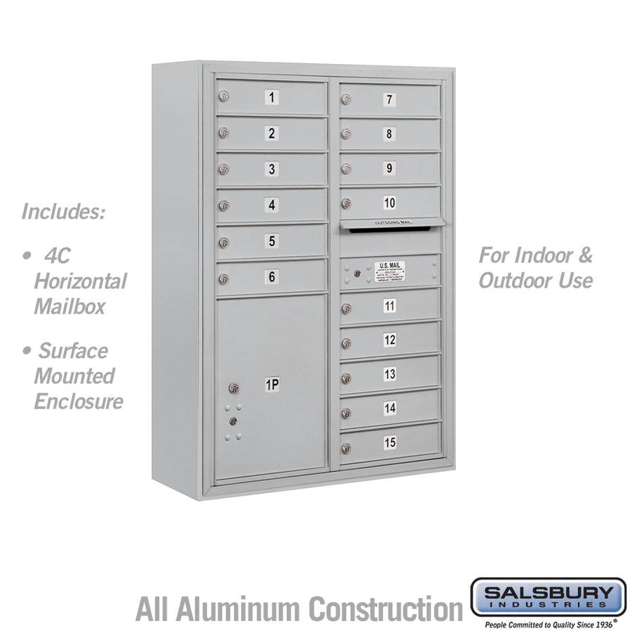 11 Door High Surface Mounted 4C Horizontal Mailbox with 15 Doors and 1 Parcel Locker in Aluminum with USPS Access