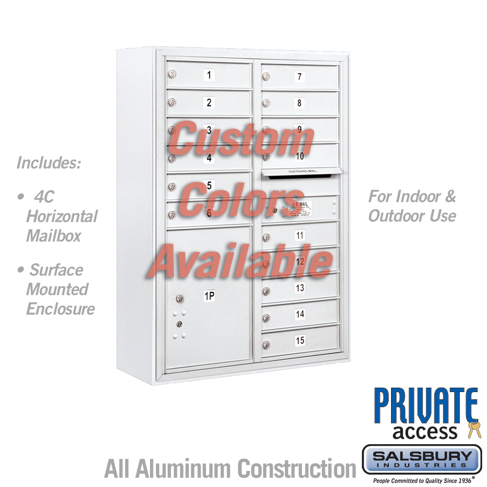 Surface Mounted 4C Horizontal Mailbox Unit (Includes 3711D-15CFP Mailbox, 3811D-CST Enclosure and Master Commercial Locks) - 11 Door High Unit (42 Inches) - Double Column - 15 MB1 Doors / 1 PL5 - Custom Color - Front Loading - Private Access